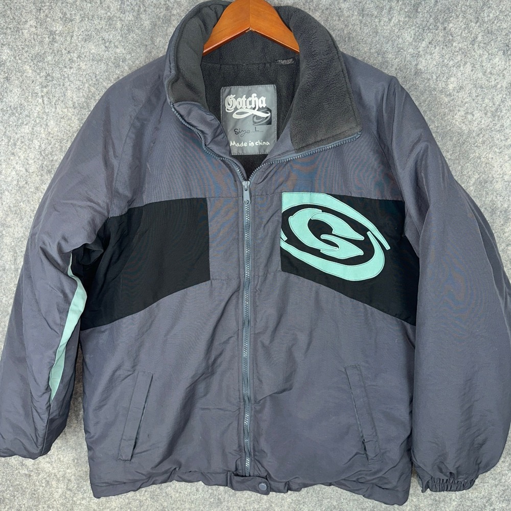 Gotcha Puffer Jacket Mens L Grey Surf Logo Vintage Fleece Lined Colorblock Coat
